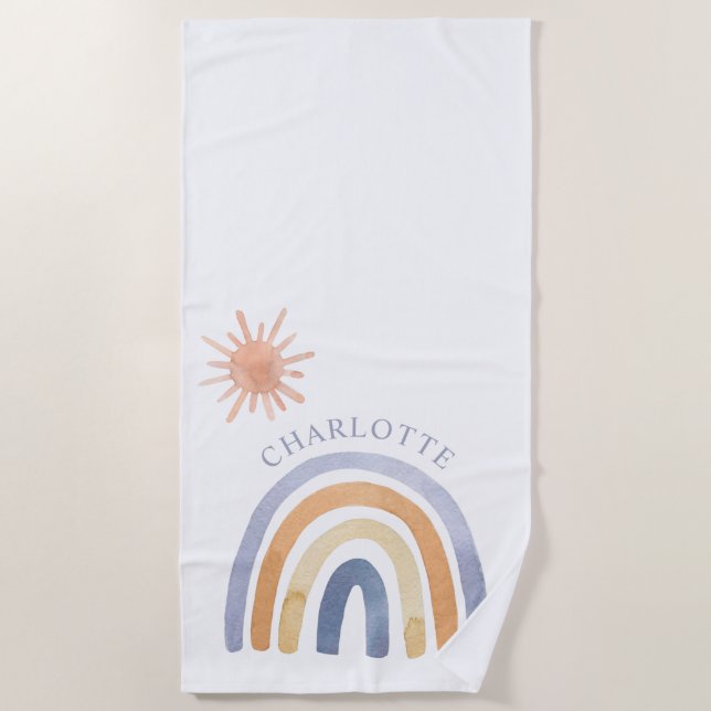 Serviette De Plage Boho Personnalisé Arc En Ciel Et Soleil (Devant)