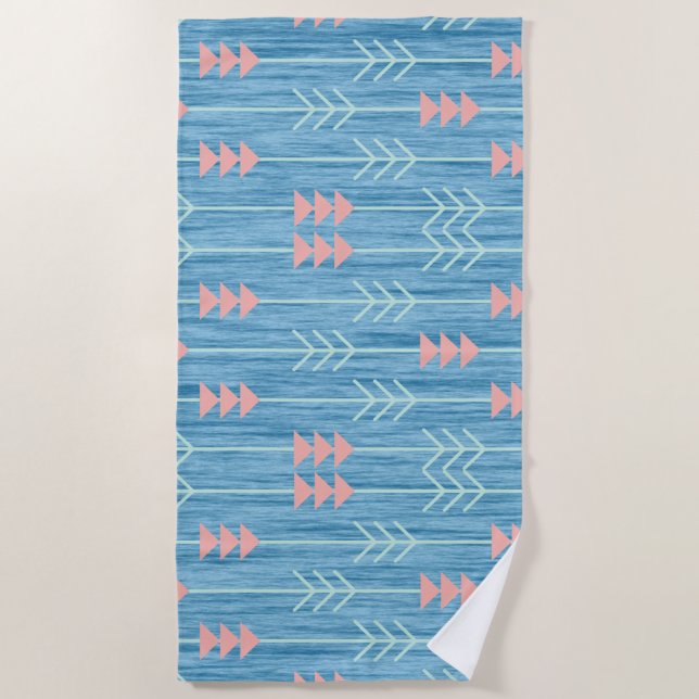 Serviette De Plage Boho Rose Blanc Flèche Fond Bleu (Devant)