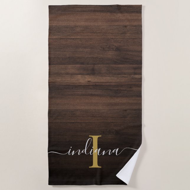 Serviette De Plage Bois foncé Bois rustique Monogramme Script Nom Ini (Devant)