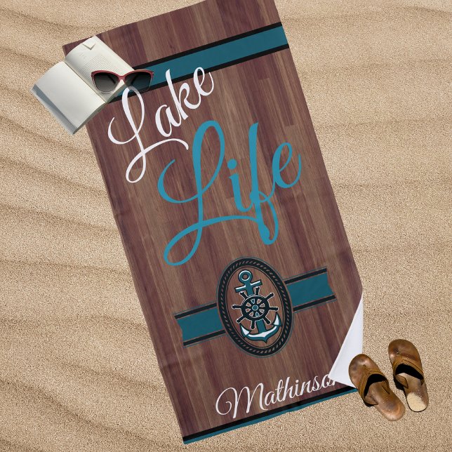 Serviette De Plage Bois rustique Turquoise Blue Lake Life monogrammed (Créateur téléchargé)