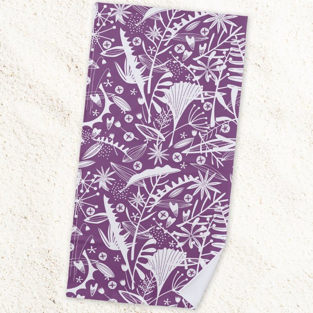 Serviette De Plage Botanique Floral Purple (Botanical wild flower floral beach towel in purple and white)