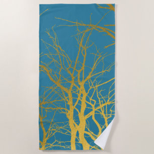 Serviette De Plage Branches Gold Tree Motif Arrière - plan bleu