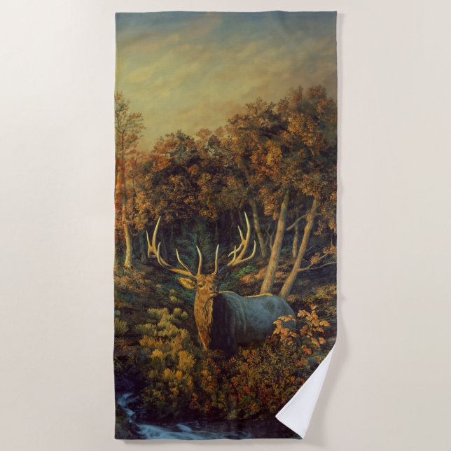 Serviette De Plage Bull Elk dans la forêt d'automne (Devant)