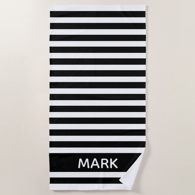 Serviette De Plage Cabana Noire Et Blanche Personnalisée (Devant)