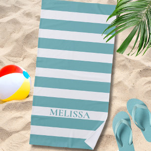 Serviette De Plage Cabane Nom Rayé Turquoise Et Blanc Rayure