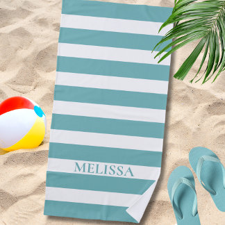 Serviette De Plage  Cabane Nom Rayé Turquoise Et Blanc Rayure 