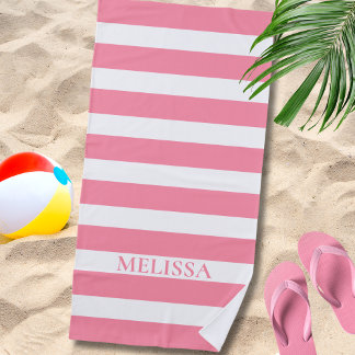 Serviette De Plage  Cabane rayée nom rayé rose et blanc 