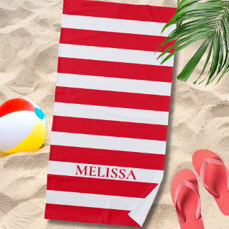 Serviette De Plage  Cabane Rayée Nom Rayure Rouge Et Blanche 