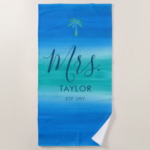 Serviette De Plage Cadeau de mariage de vert bleu d'océan de Mme
