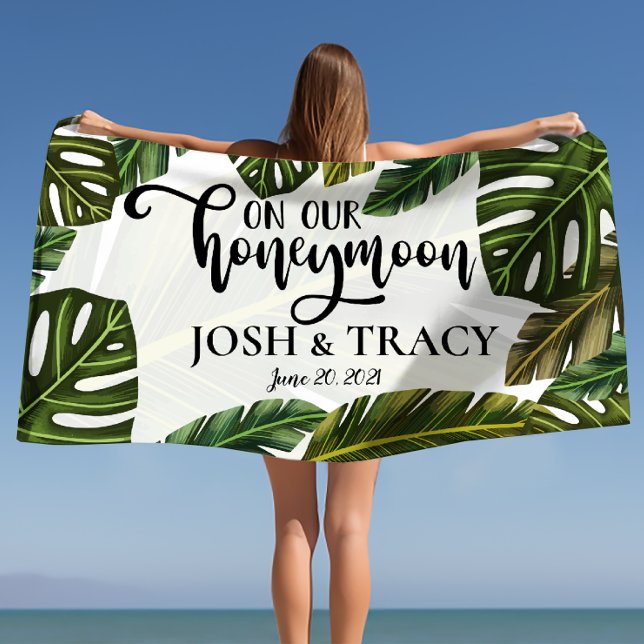 Serviette De Plage Cadeaux de lune de miel Noms personnalisés Feuille (Tropical Leaves Personalized Names Honeymoon Gifts Beach Towel)