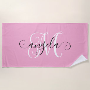 Serviette De Plage Calligraphie de fille Monogramme rose clair