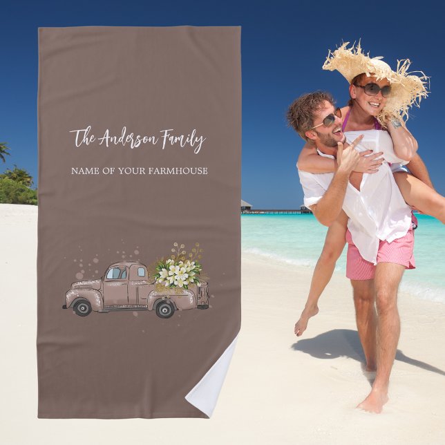 Serviette De Plage Camion Brown fleurs ferme nom de famille (Créateur téléchargé)