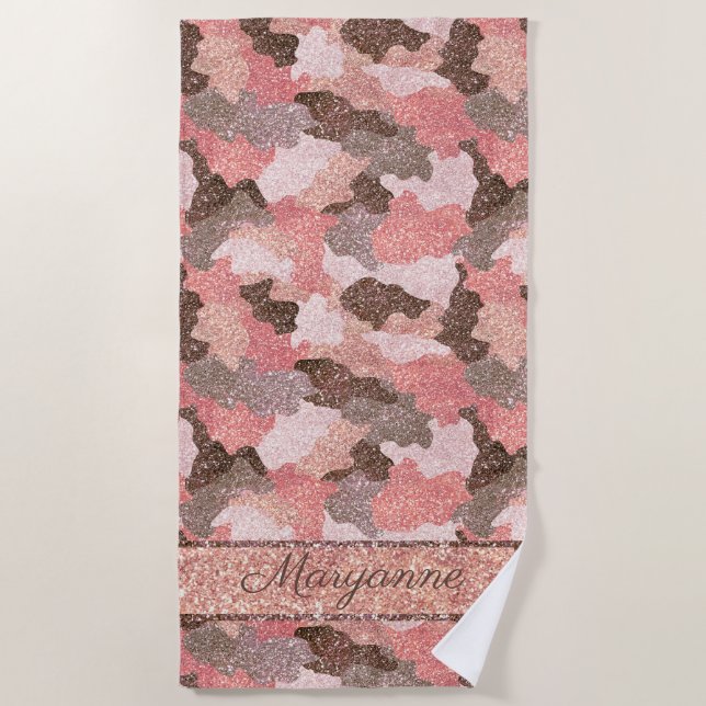 Serviette De Plage Camouflage d'or Rose Faux Parties scintillant Camo (Devant)