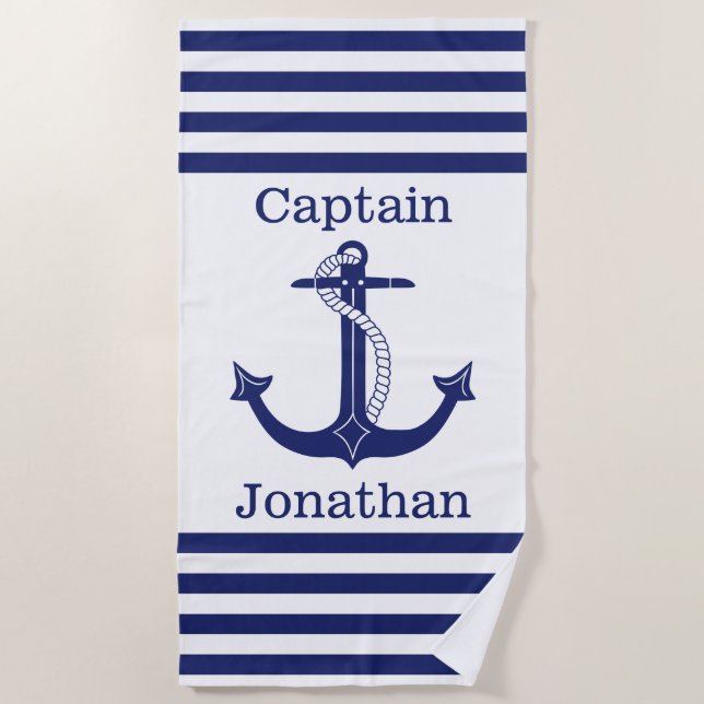 Serviette De Plage Capitaine nautique Ancre bleue personnalisée (Devant)