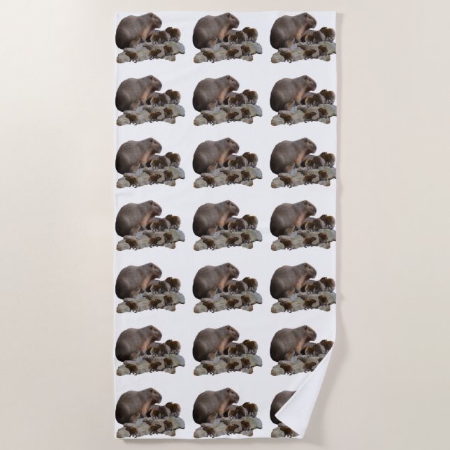 Serviette De Plage Capybaras De Mère Et De Bébé, (Devant)