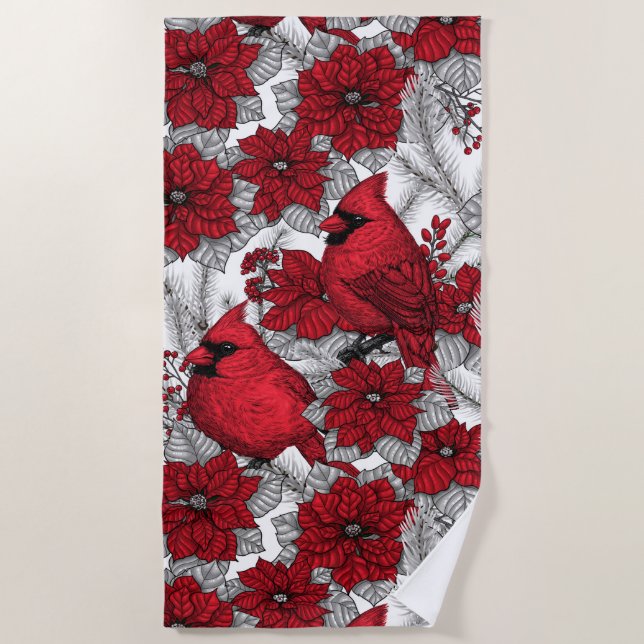 Serviette De Plage Cardinaux et poinsettia en rouge et blanc (Devant)
