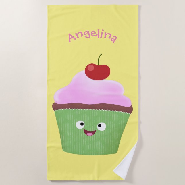 Serviette De Plage Caricature de cupcake joyeux (Devant)