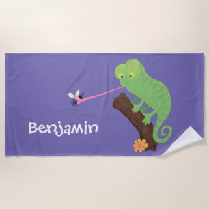Serviette De Plage Caricature de lézard de caméléon vert joyeux