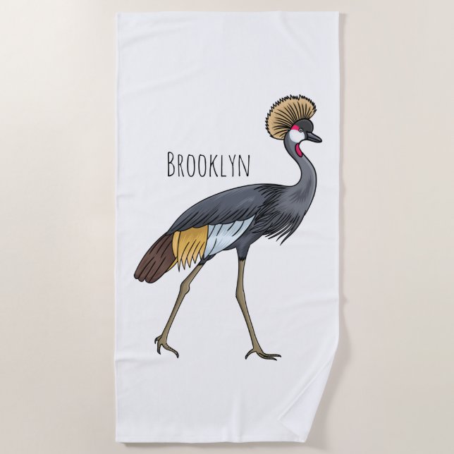 Serviette De Plage Caricature d'oiseau de grue couronné gris (Devant)