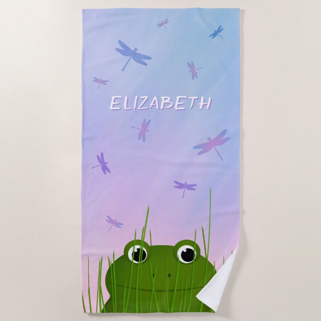 Serviette De Plage caricature grenouille regarder sur l'herbe dragonf (Devant)