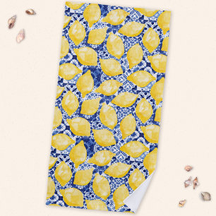 Serviette De Plage Carreau bleu blanc méditerranéen Citrus Citron