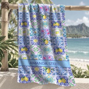 Serviette De Plage Carreaux de Sicile Amalfitaine Bleu Jaune Chic