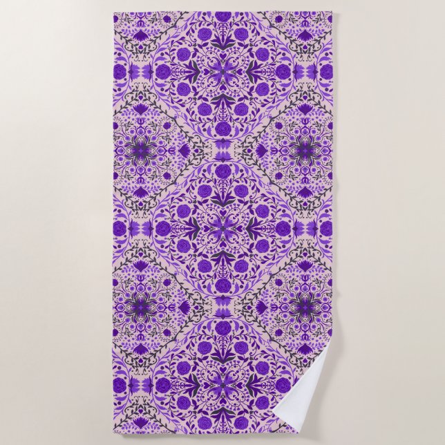 Serviette De Plage Carreaux floraux en violet et coton bonbon rose (Devant)