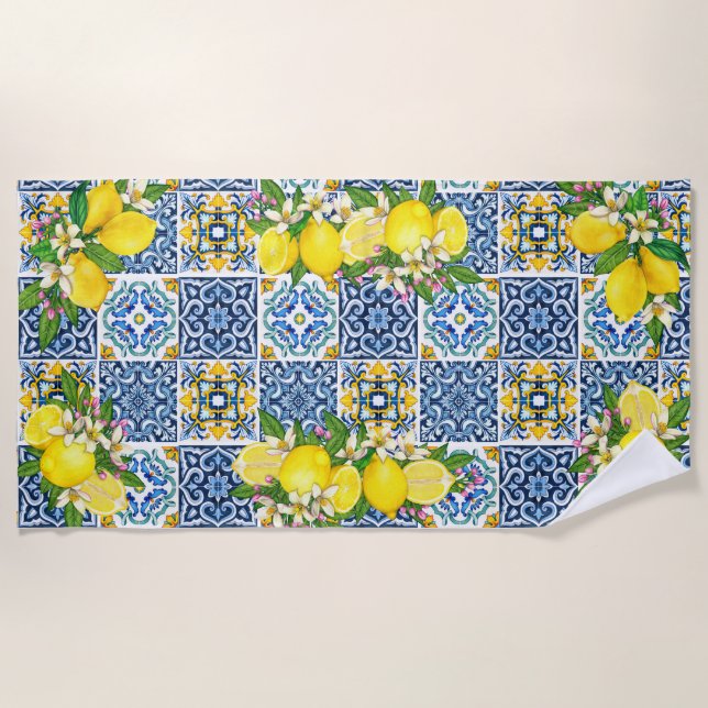 Serviette De Plage Carrelage méditerranéen clair Sicilien Citrus Lemo (Devant)