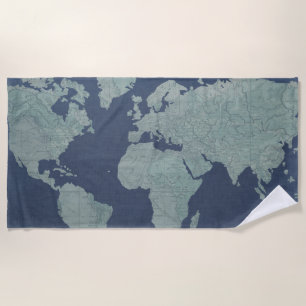 Serviette De Plage Carte du monde du lin bleu