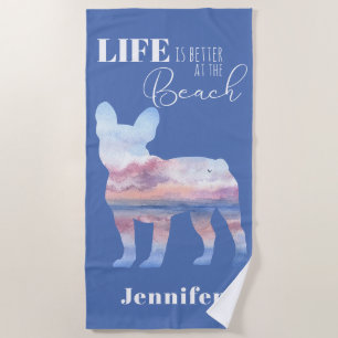 Serviette De Plage Carte Frenchie Beach Scène Silhouette Beach Servie
