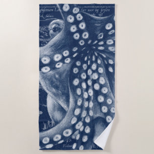 Serviette De Plage Carte Vintage de poulpe bleue Chic