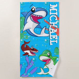 Serviette De Plage Cartoon de requin mignon sous l'eau Blue Ocean Kid