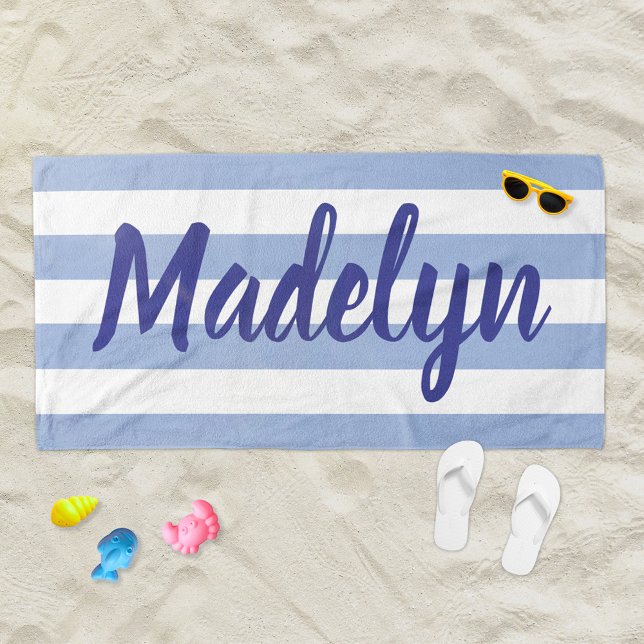 Serviette De Plage Chambray Bleu Rayure Monogramme Nom (Créateur téléchargé)