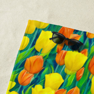 Serviette De Plage Champ de tulipes orange et jaune