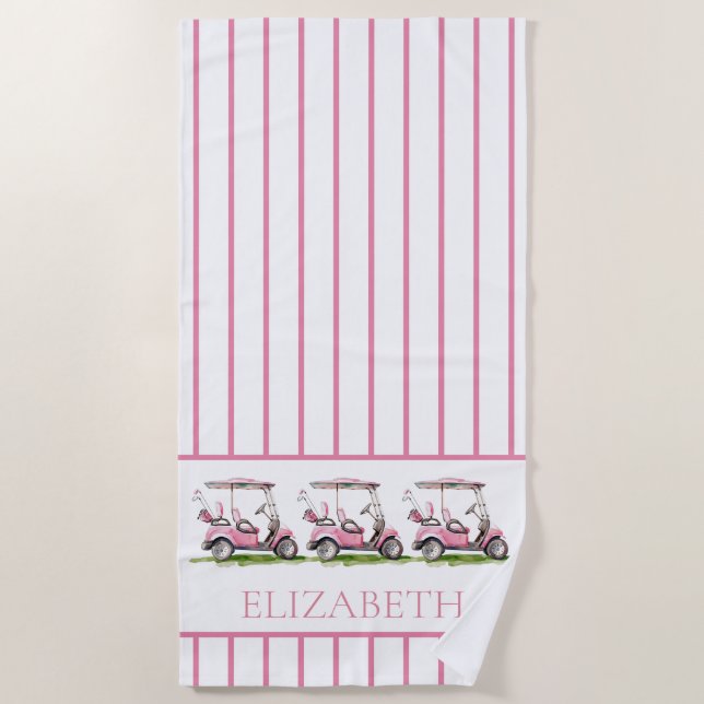 Serviette De Plage Chariots de golf Preppy Rose Personnalisés (Devant)