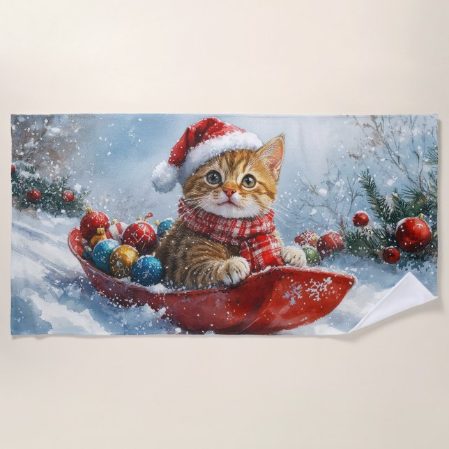 Serviette De Plage Chat abyssinien en sledge laissez-le neiger Noël (Devant)