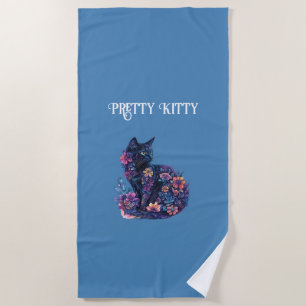 Serviette De Plage Chat bleu noir Fleurs Joli Minou