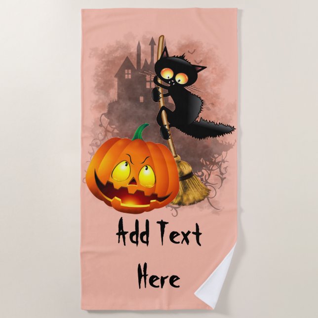 Serviette De Plage Chat effrayé par Citrouille Fun Halloween caractèr (Devant)