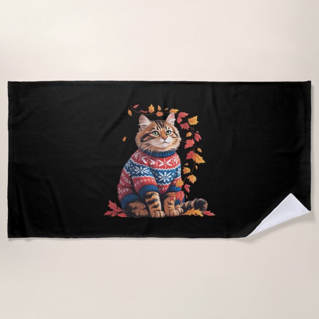 Serviette De Plage Chat Leaf Automne Bonjour Automne Funny Chat Kitte (Devant)