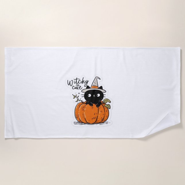Serviette De Plage Chat noir mignon en citrouille avec casquette sorc (Devant)
