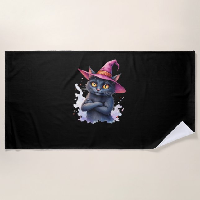 Serviette De Plage Chat noir mignon en sorcier Casquette - Halloween  (Devant)