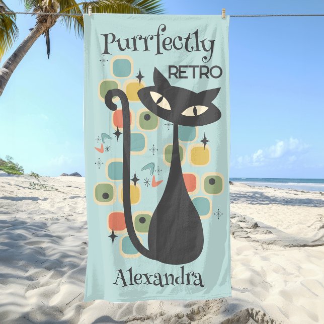 Serviette De Plage Chat Noir Parfaitement Rétro Mid Century (Purrfectly Retro Black Cat Mid Century Beach Towel)