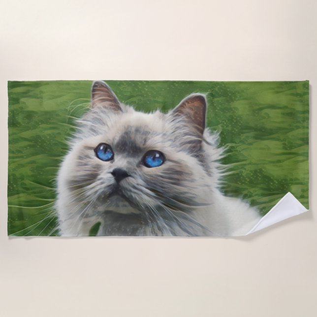 Serviette De Plage Chat Perse Blanc Avec Yeux Bleus (Devant)