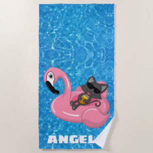 Serviette De Plage Chat personnalisé sur le nom du pool de Flamants r