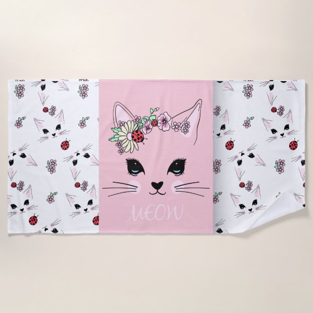 Serviette De Plage Chat rose (Devant)