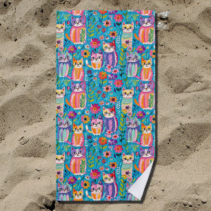 Serviette De Plage Chats et fleurs colorés Whimsical Happy