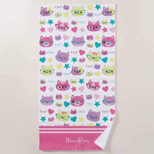 Serviette De Plage Chats Pastel cool Avec Verres Motif, Rose (Devant)