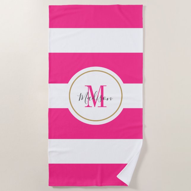 Serviette De Plage Chaud rose blanc rayures Chic Monogramme Personnal (Devant)