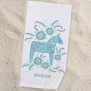 Serviette De Plage Cheval de Dala suédois Turquoise Vert Nom personna