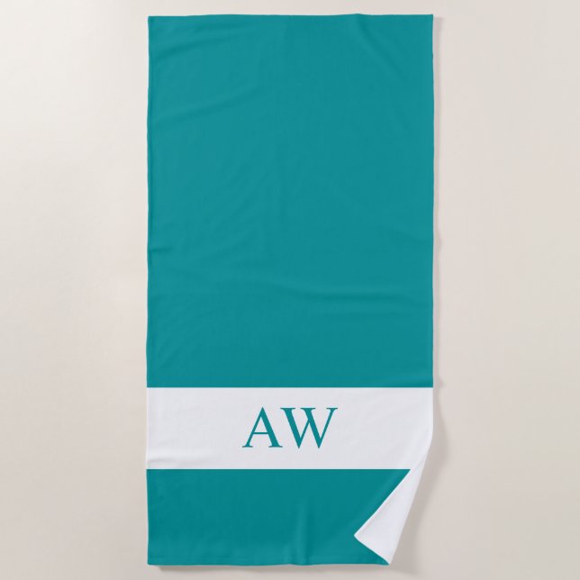Serviette De Plage Chic bleu vert blanc Monogramme (Devant)